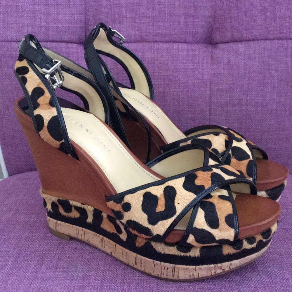 Gianni Bini leopard, leather and patent wedges.